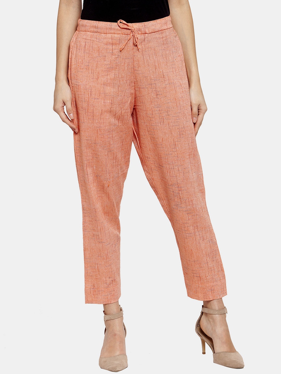 

Enchanted Drapes Women Peach-Coloured Printed Tapered Fit Cotton Trousers