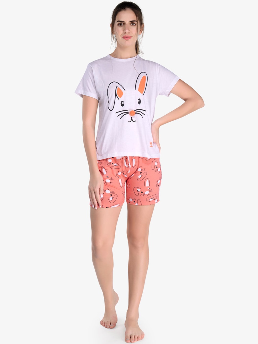 

evolove Women White & Peach-Coloured Printed Pure Cotton Night suit