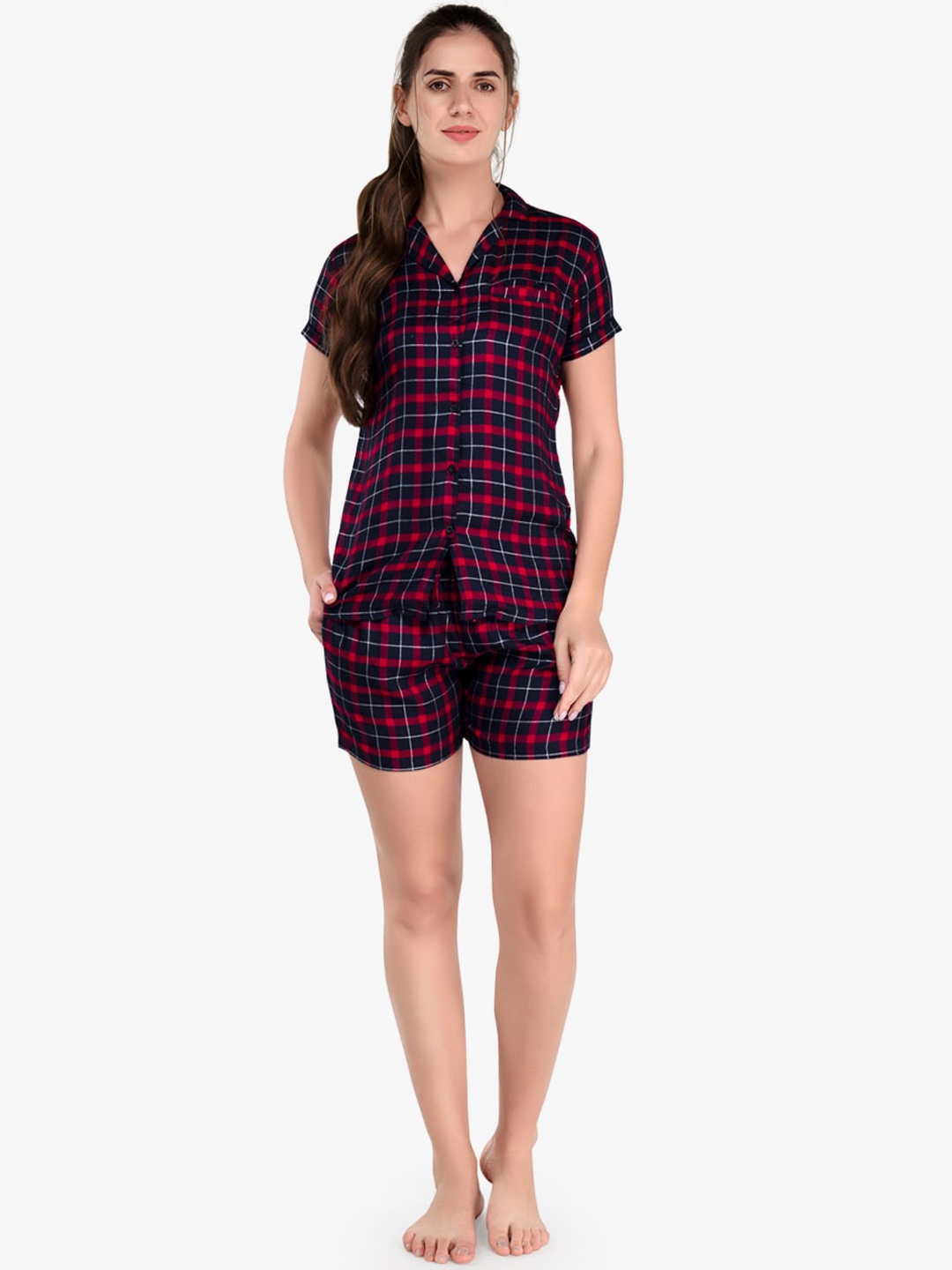 

evolove Women Red & Navy Blue Checked Pure Cotton Night Suit