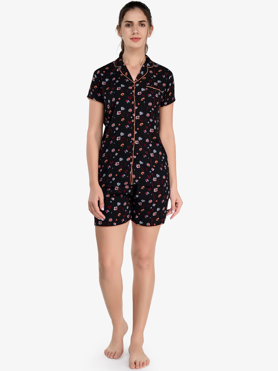 

evolove Women Black & Red Printed Night suit