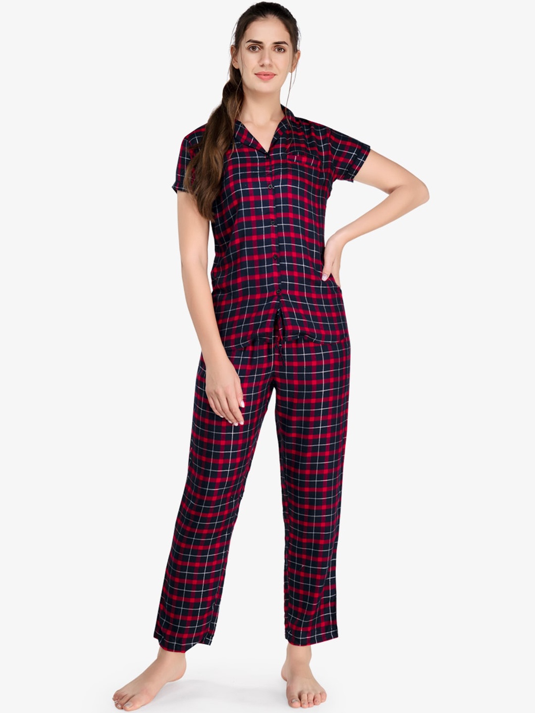 

evolove Women Maroon & Blue Checked Night suit