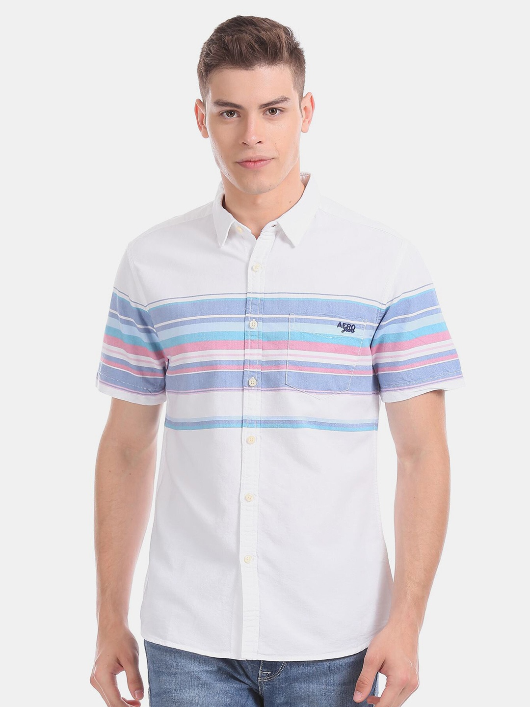 

Aeropostale Men White & Blue Striped Casual Shirt
