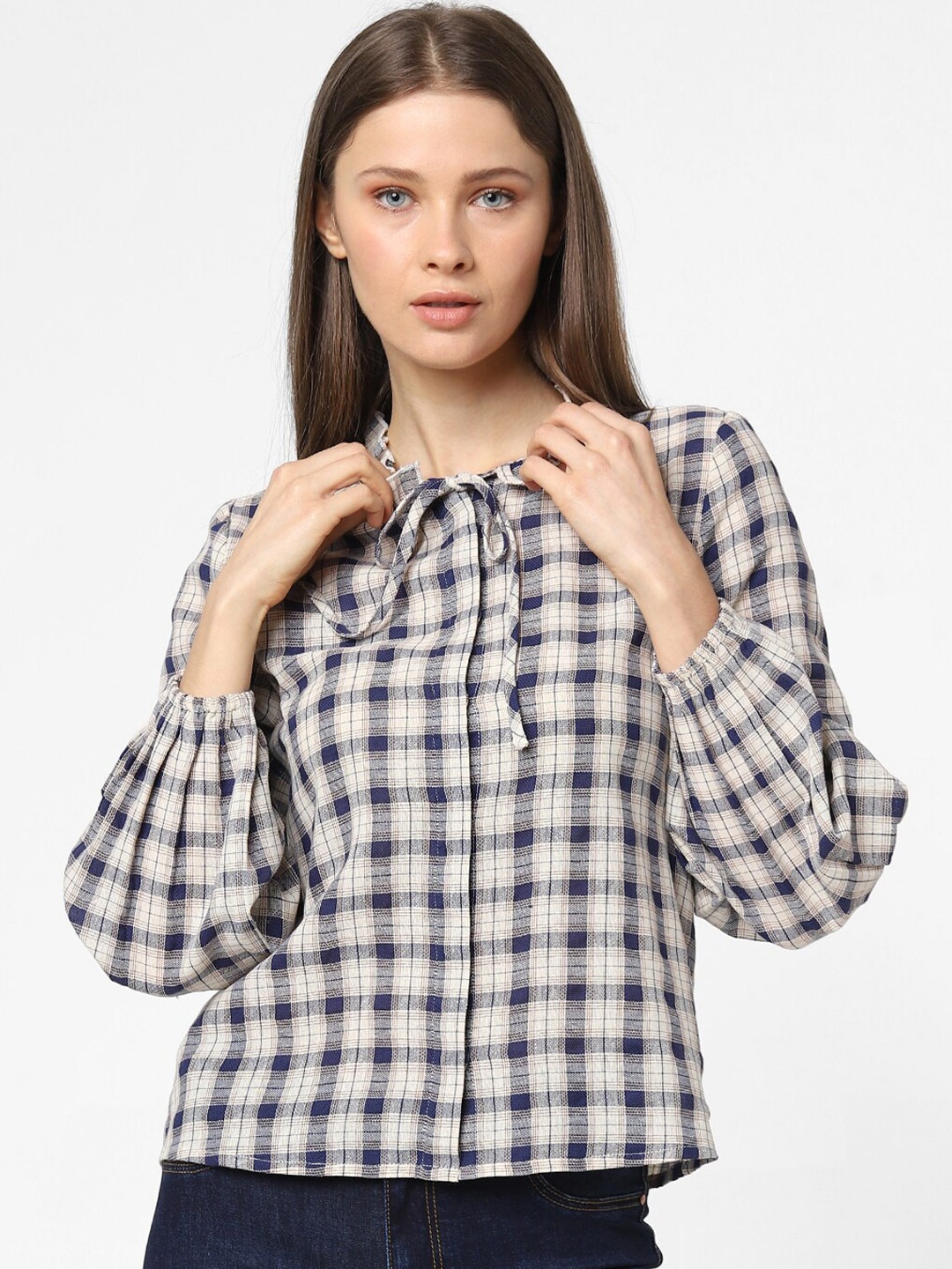 

ONLY Women Beige Gingham Checks Checked Casual Shirt