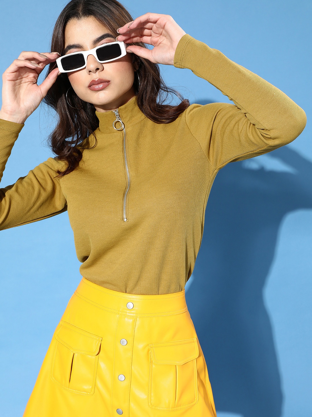 

Tokyo Talkies Women Green Knitted High Neck Top