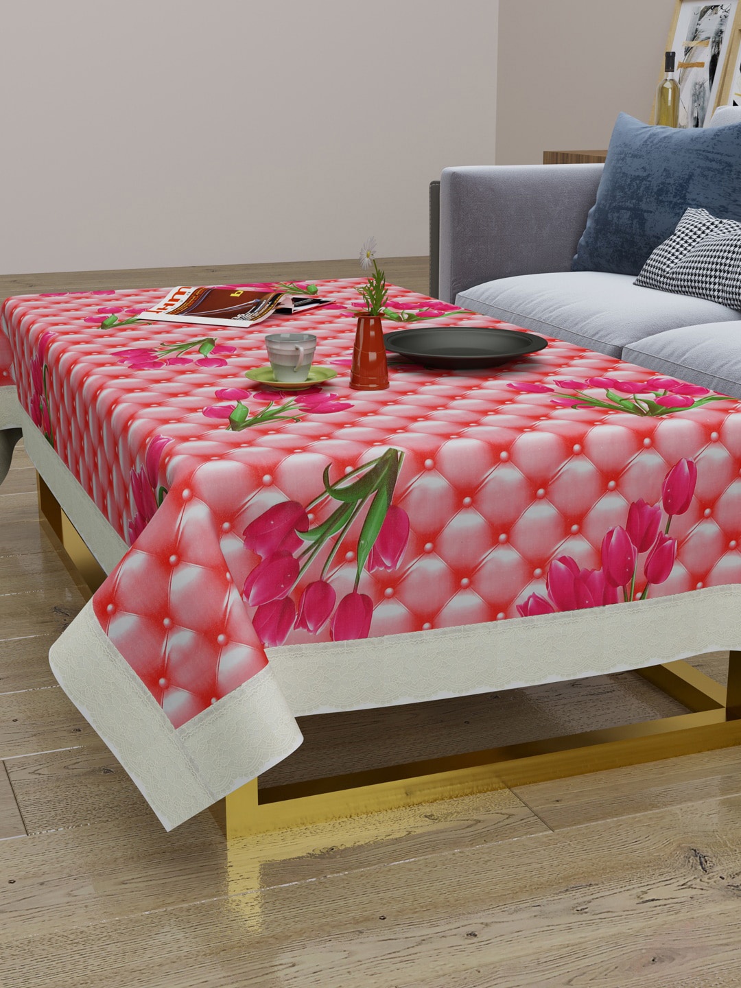 

Clasiko Pink & White Printed PVC 2-Seater Centre Table Cover