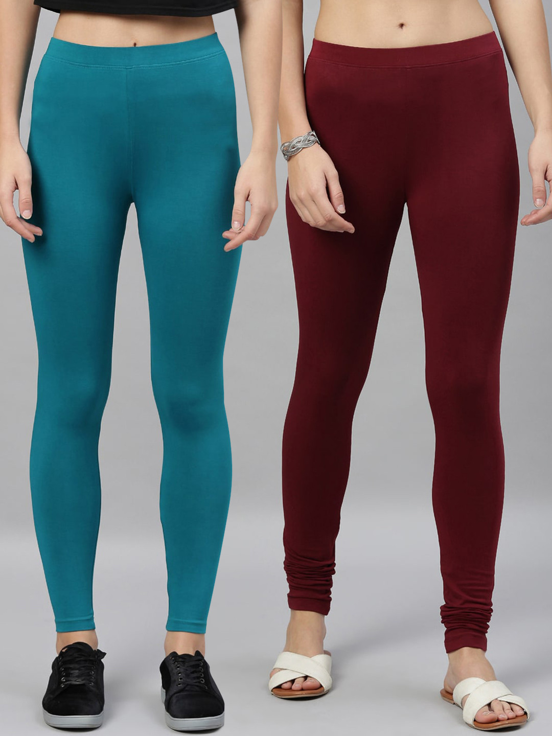 

Kryptic Women Maroon & Green Pack of 2 Solid Churidar Length Leggings