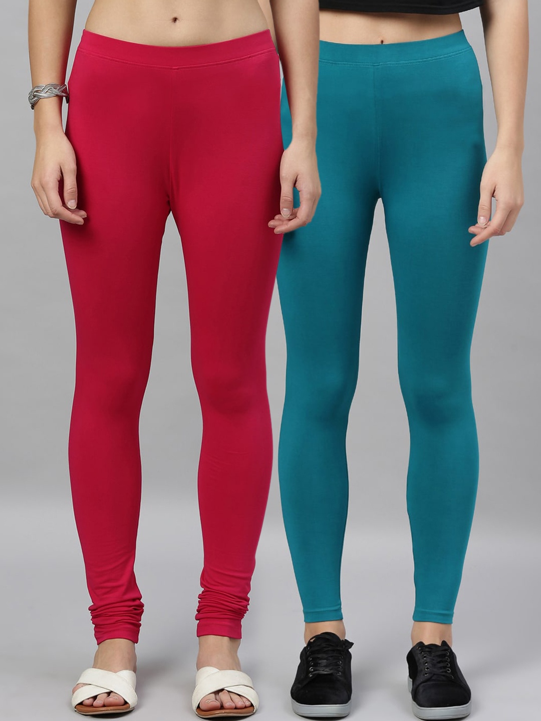

Kryptic Women Pack Of 2 Solid Churidar-Length Leggings, Teal