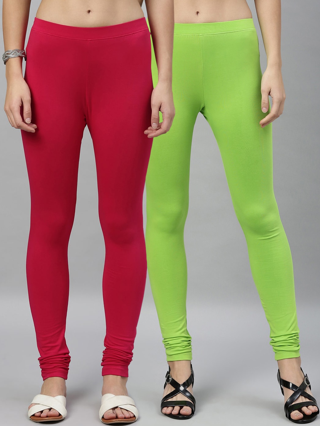 

Kryptic Women Pack of 2 Green & Pink Solid Churidar Length Legging