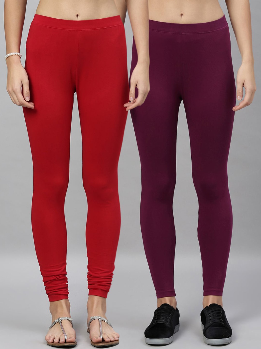 

Kryptic Women Pack Of 2 Solid Churidhar Length Leggings, Red