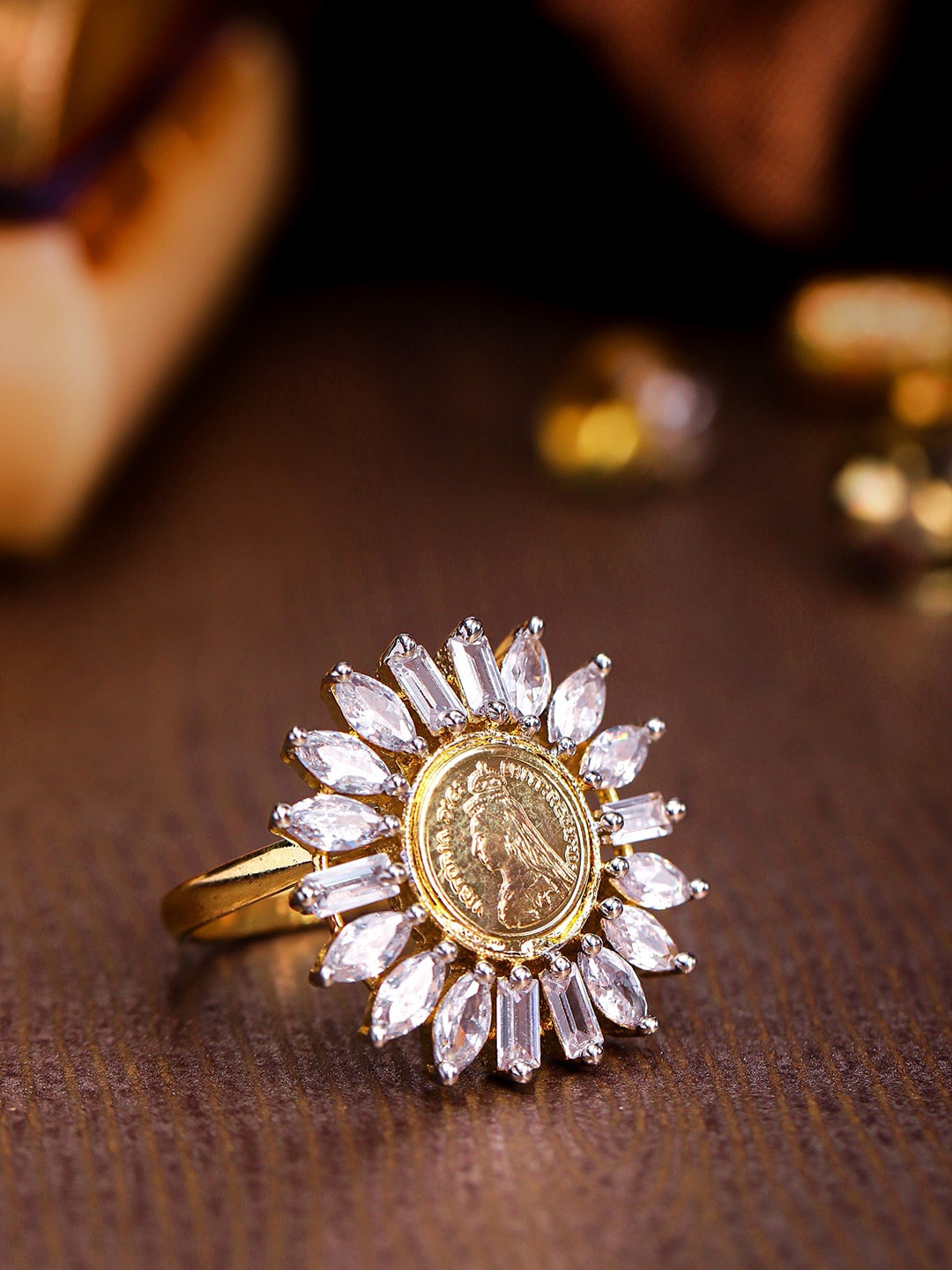 

Priyaasi Gold-Plated White AD-Studded Adjustable Finger Ring