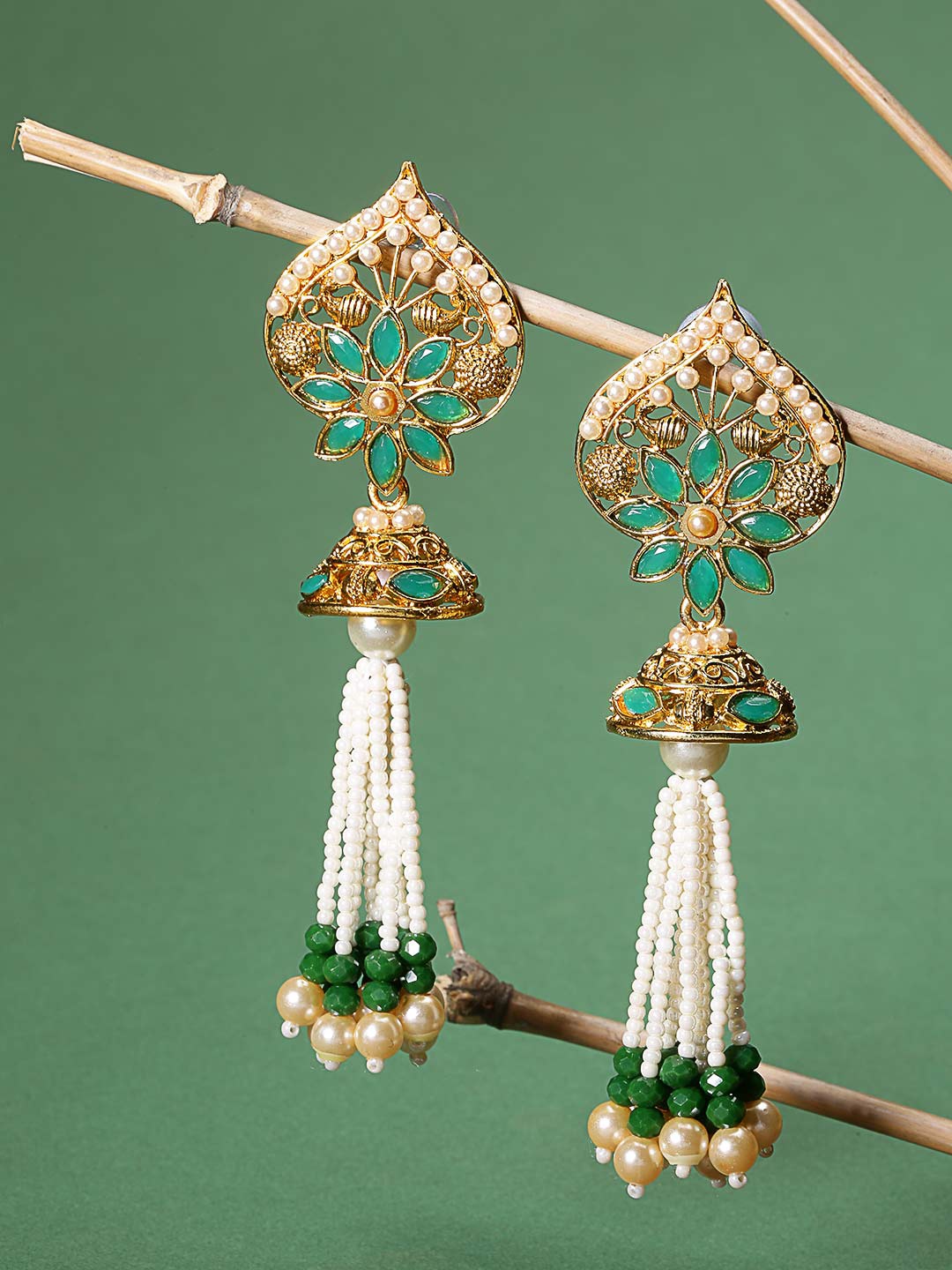

Priyaasi Red Gold-Plated Pearls & Green Stones Studded Drop Earrings