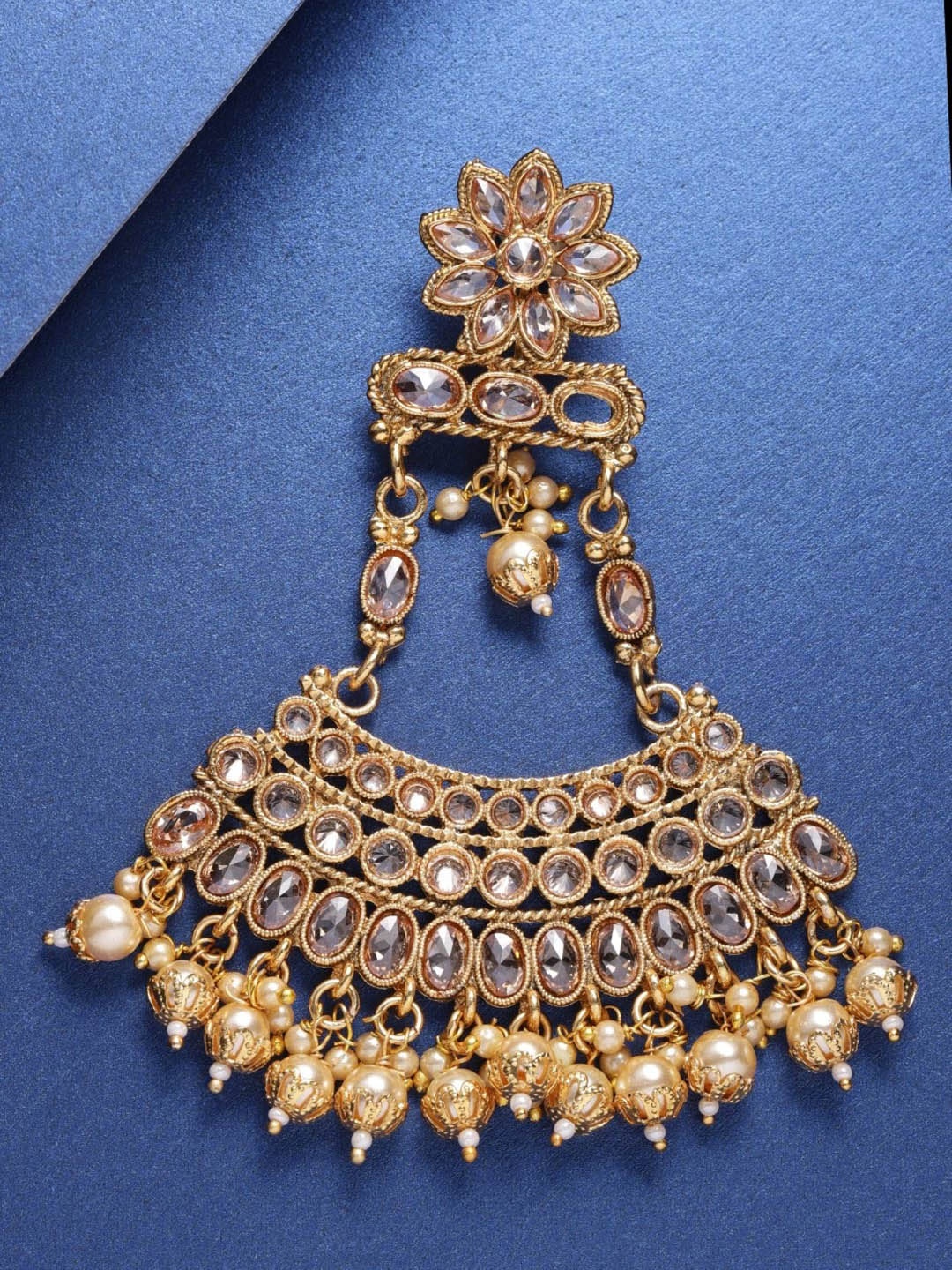 

Priyaasi Gold-Plated Beige Stone & Pearl Beaded Jhumar Passa