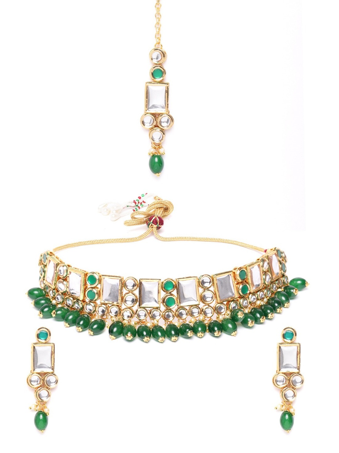 

Priyaasi Gold-Plated & White Kundan & Green Studded Jewellery Set