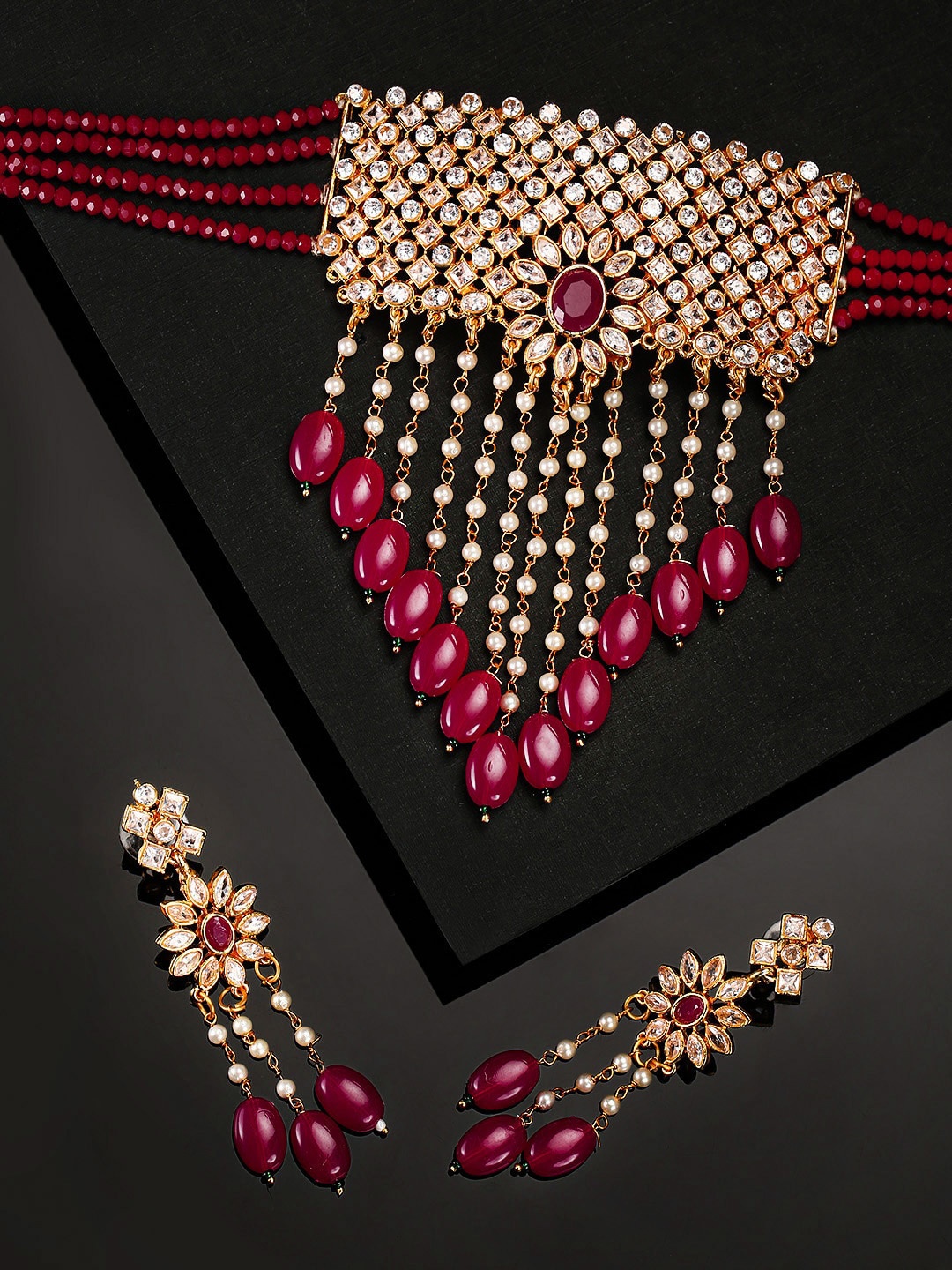 

Priyaasi Women Red Gold-Plated CZ Studded Jewelry Set