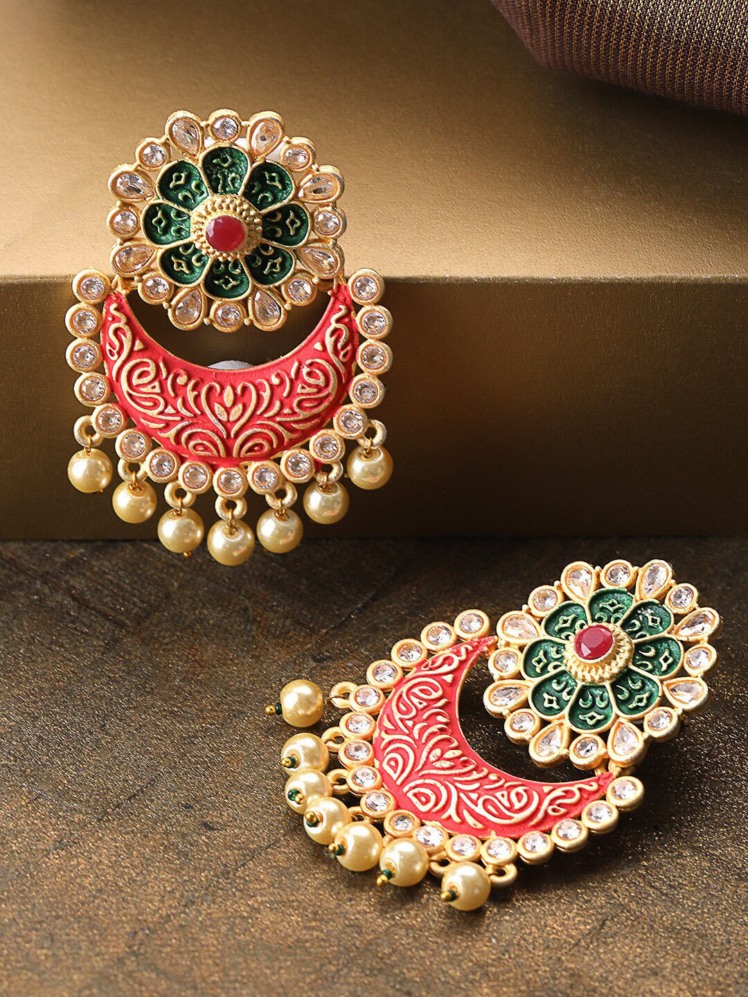 

Priyaasi Red Gold-Plated Meenakari Floral Drop Earrings