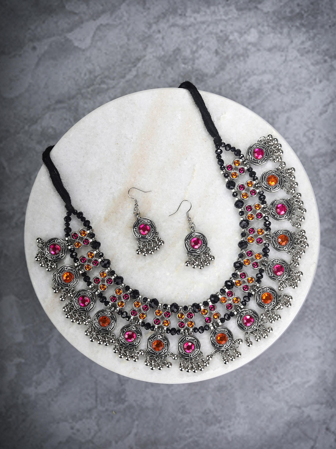 

Priyaasi Pink & Yellow Silver-Plated Stone-Studded Jewellery Set