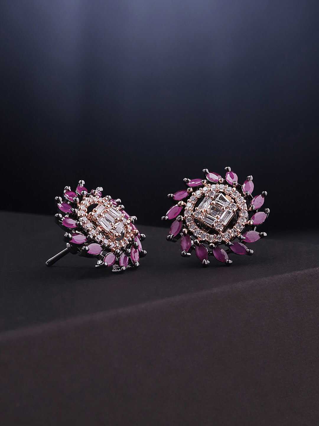 

Priyaasi Purple Rose Gold-Plated American Diamond & Ruby Floral Stud Earrings
