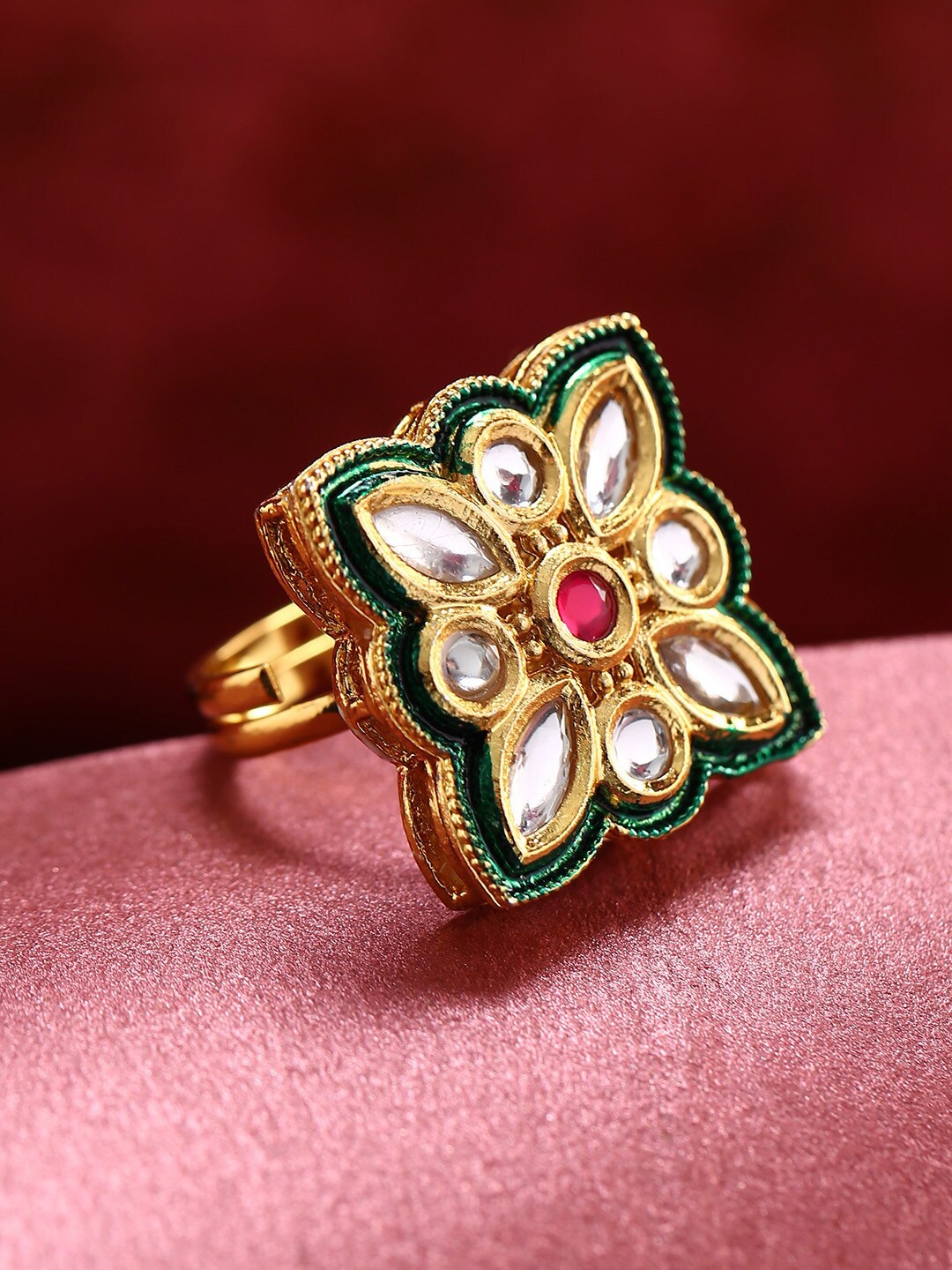 

Priyaasi Gold-Plated White & Pink Kundan & Ruby-Studded Adjustable Floral Finger Ring