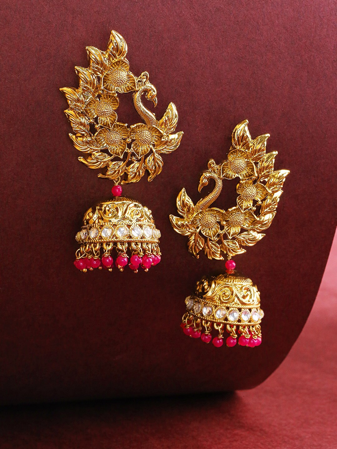 

Priyaasi Pink Gold-Plated Peacock Shaped Jhumkas Earrings