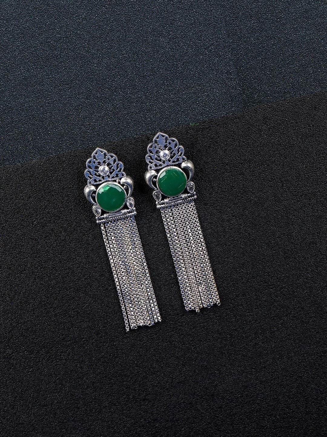 

Priyaasi Green Silver-Plated Oxidised Stone Studded Drop Earrings