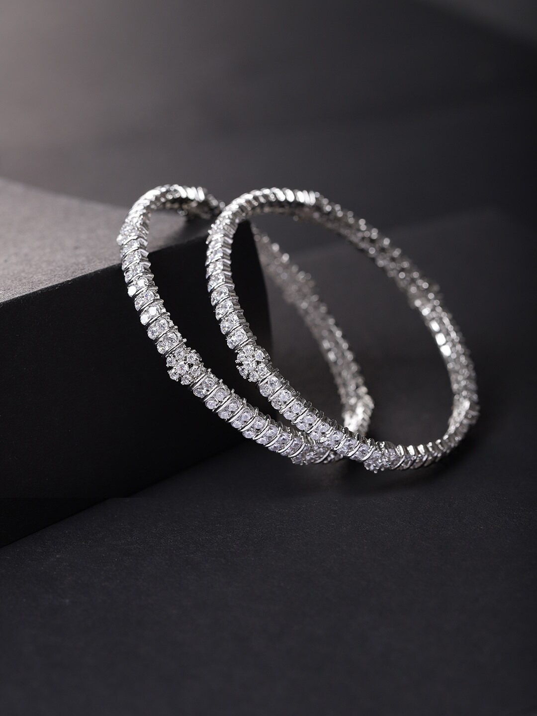 

Priyaasi Set Of 2 Silver-Plated White AD-Studded Bangles