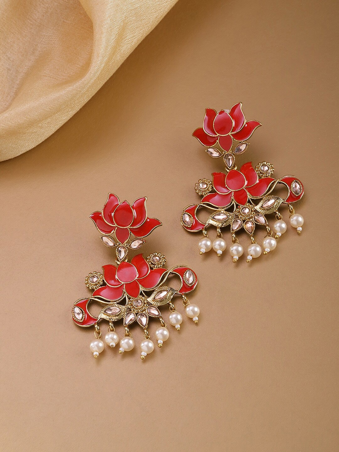 

Priyaasi Gold-Plated & Red Meenakari Handcrafted Floral Drop Earrings