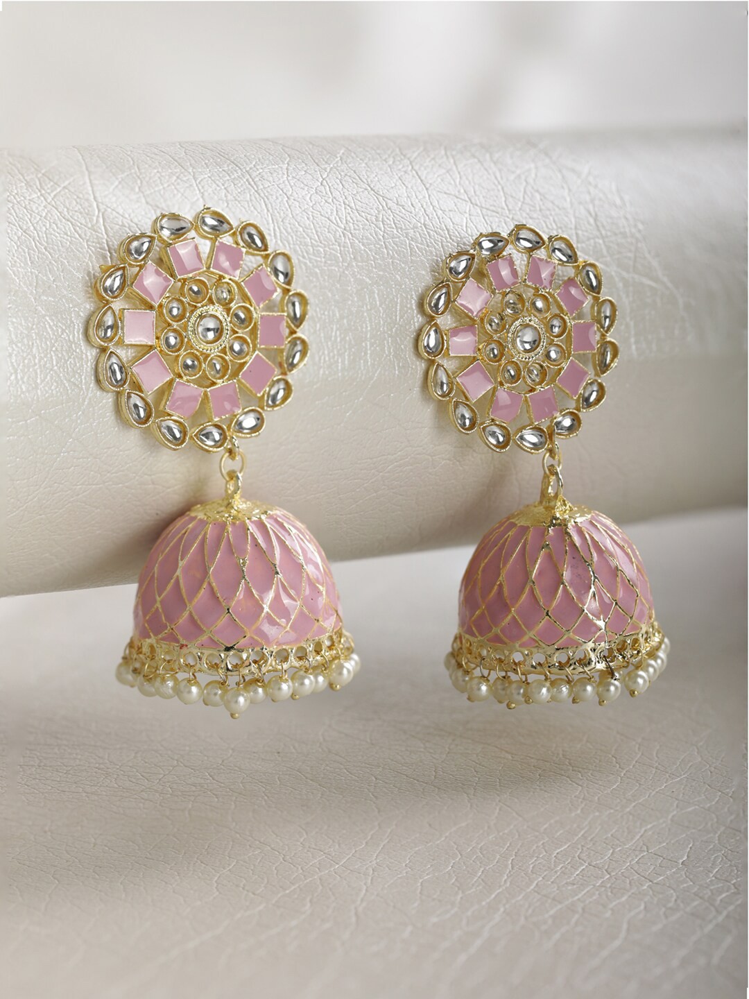 

Priyaasi Pink Gold-Plated Kundan & Beads Studded Floral Jhumkas Earrings
