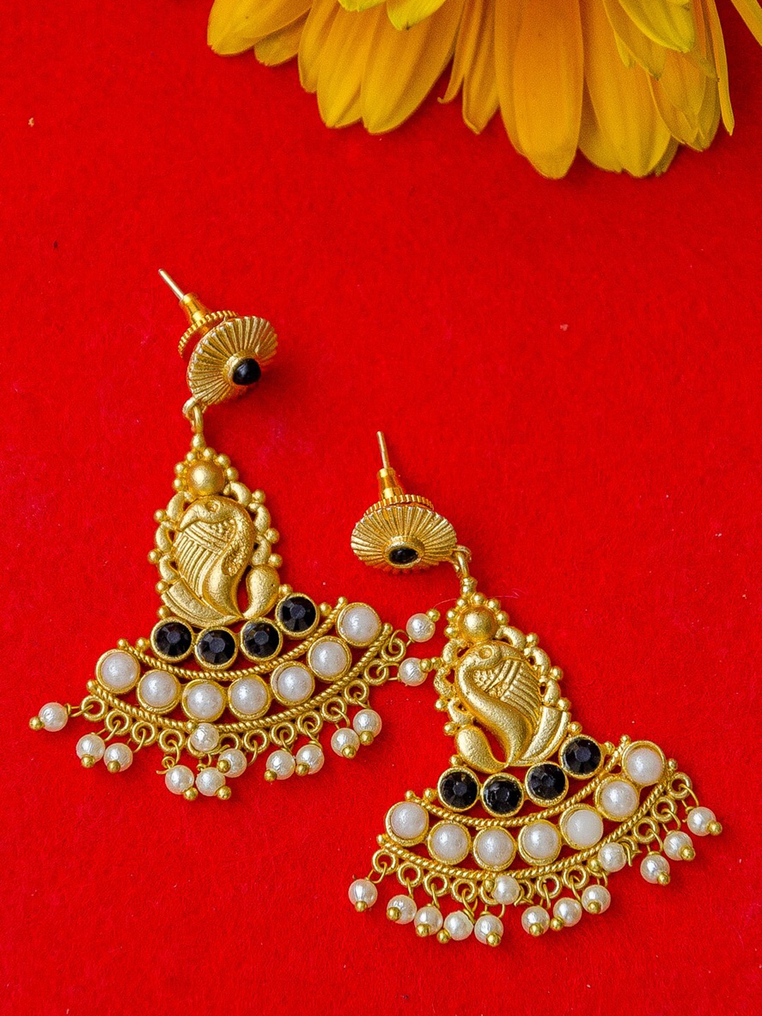 

Priyaasi Black Gold-Plated Pearls Studded Peacock Shaped Drop Earrings