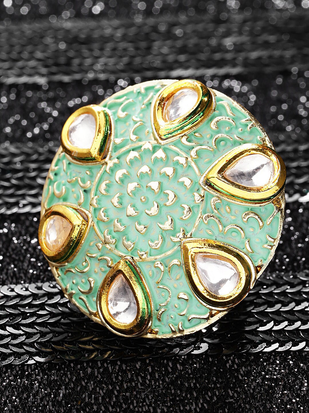 

Priyaasi Gold-Plated White & Green Kundan-Studded Adjustable Meenakari Finger Ring