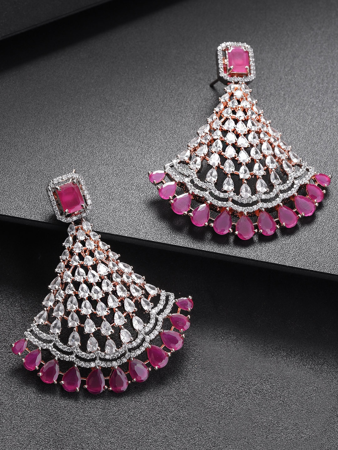 

Priyaasi Magenta Rose Gold-Plated Ruby & American Diamond Drop Earrings