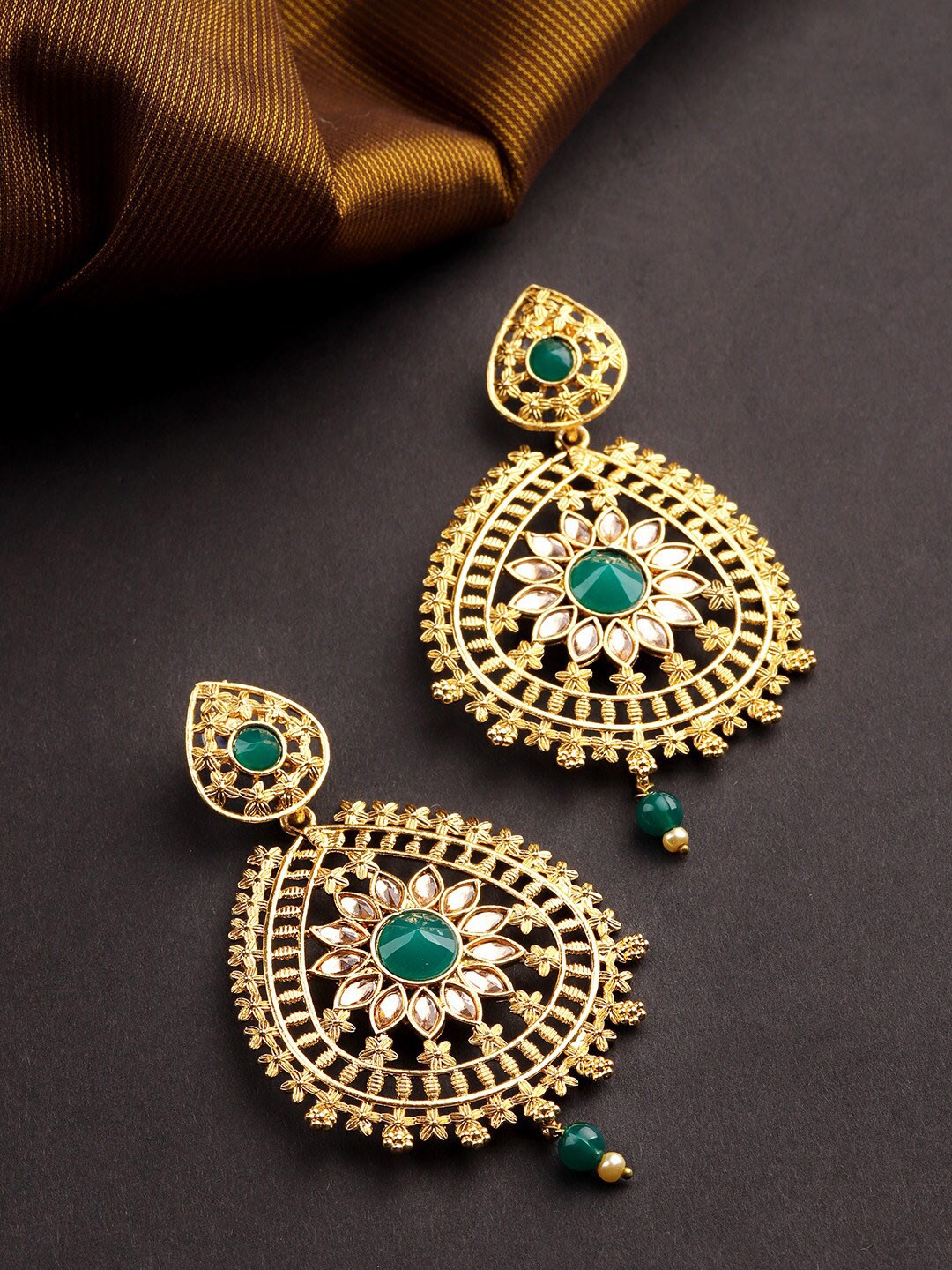 

Priyaasi Gold-Plated & Green Floral Handcrafted Drop Earrings