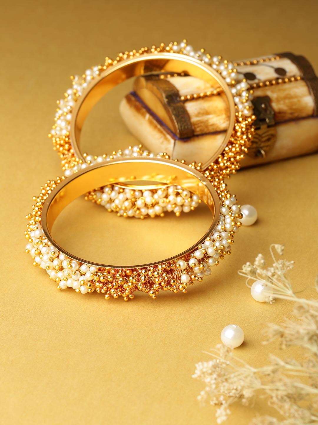 

Priyaasi Off-White Set Of 2 Gold-Plated Pearls Studded Bangles