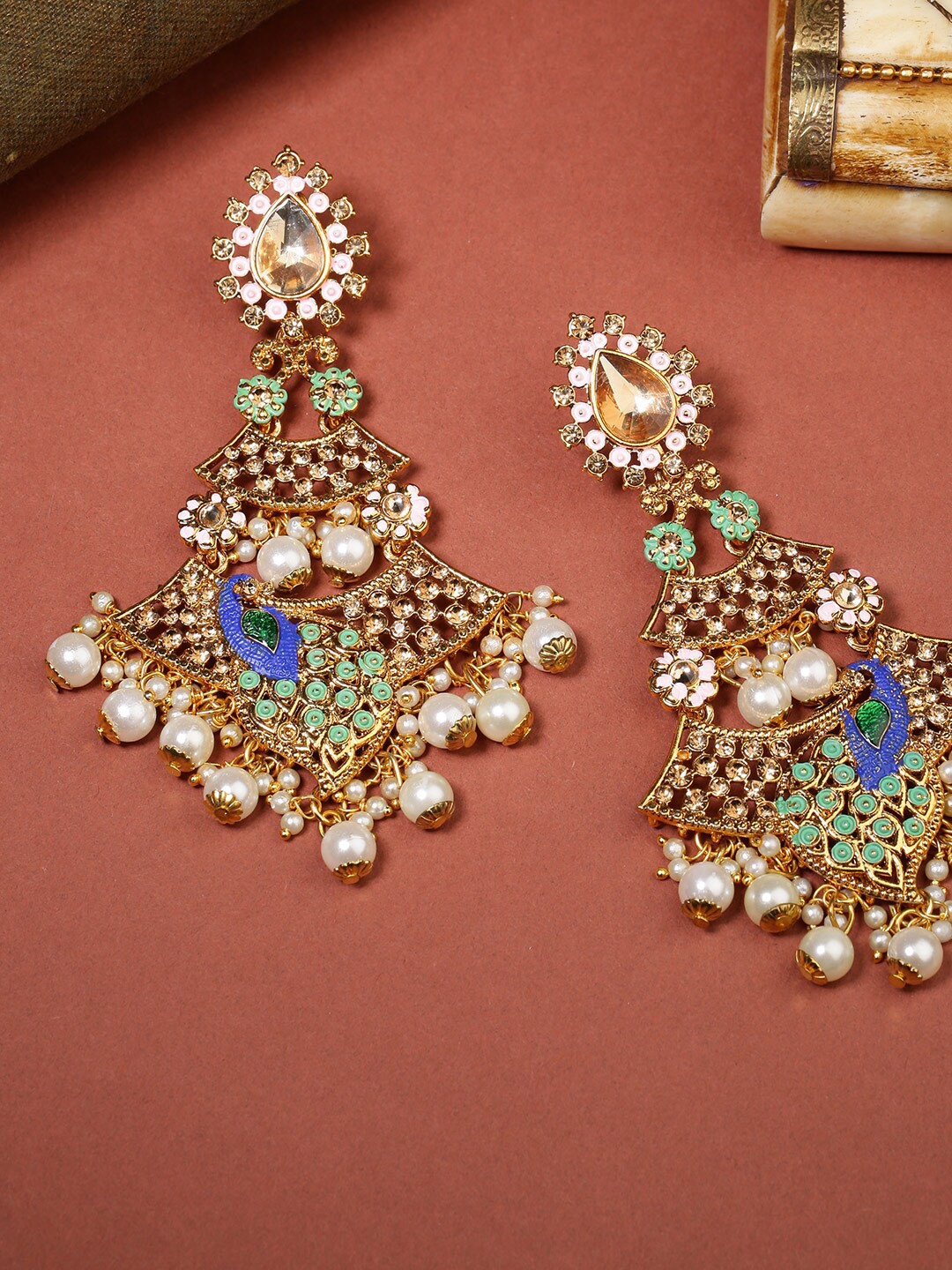 

Priyaasi Gold-Plated Green Peacock Shaped Drop Earrings