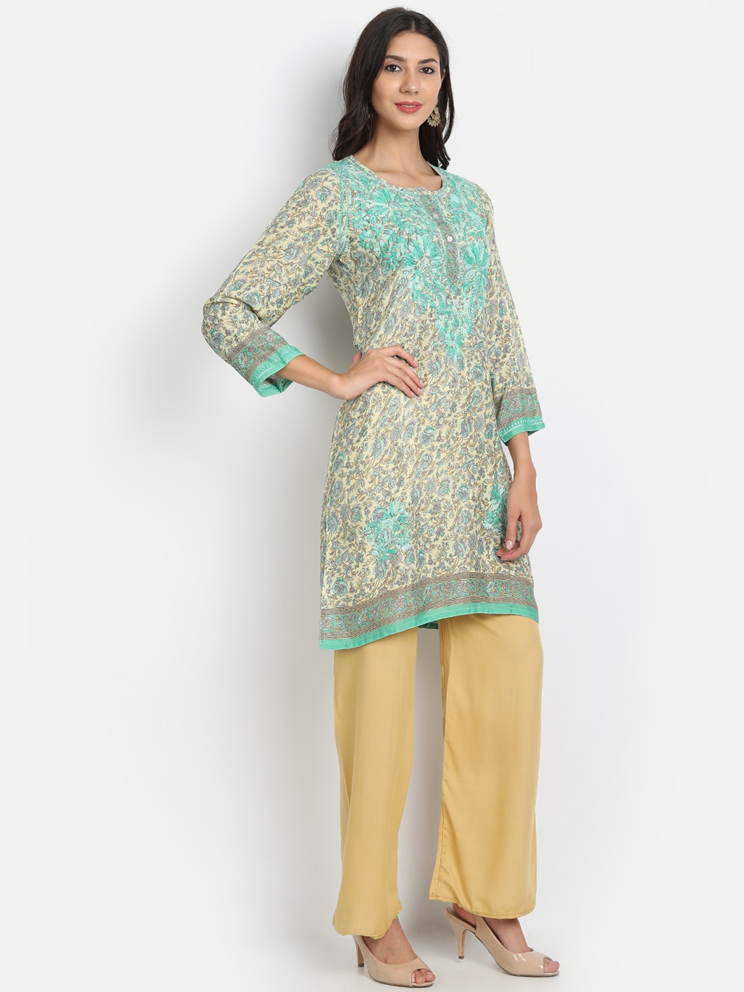 

HOUSE OF KARI Yellow & Sea Green Printed Tunic With Embroidered Detail