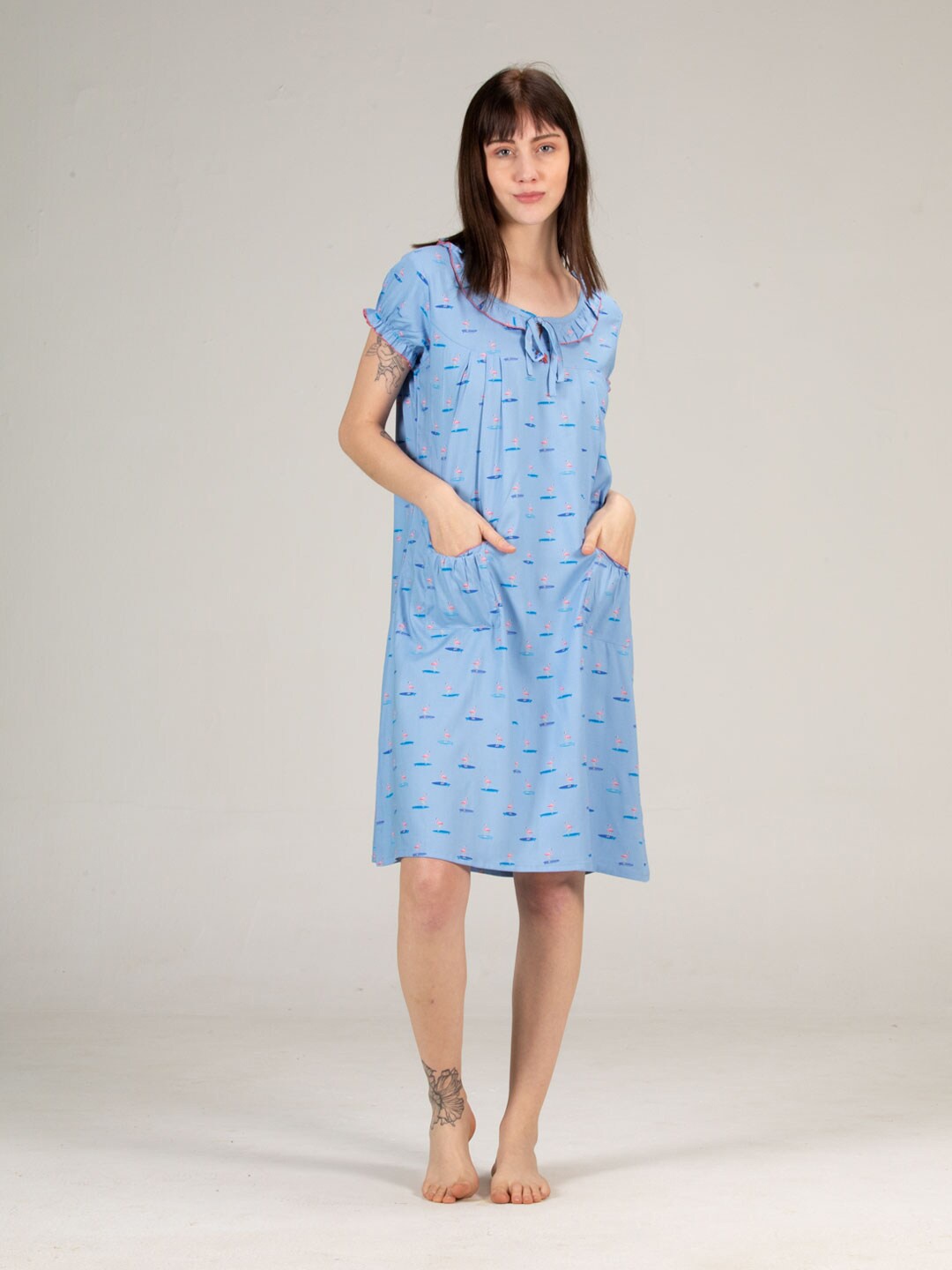 

evolove Blue Printed Maxi Nightdress