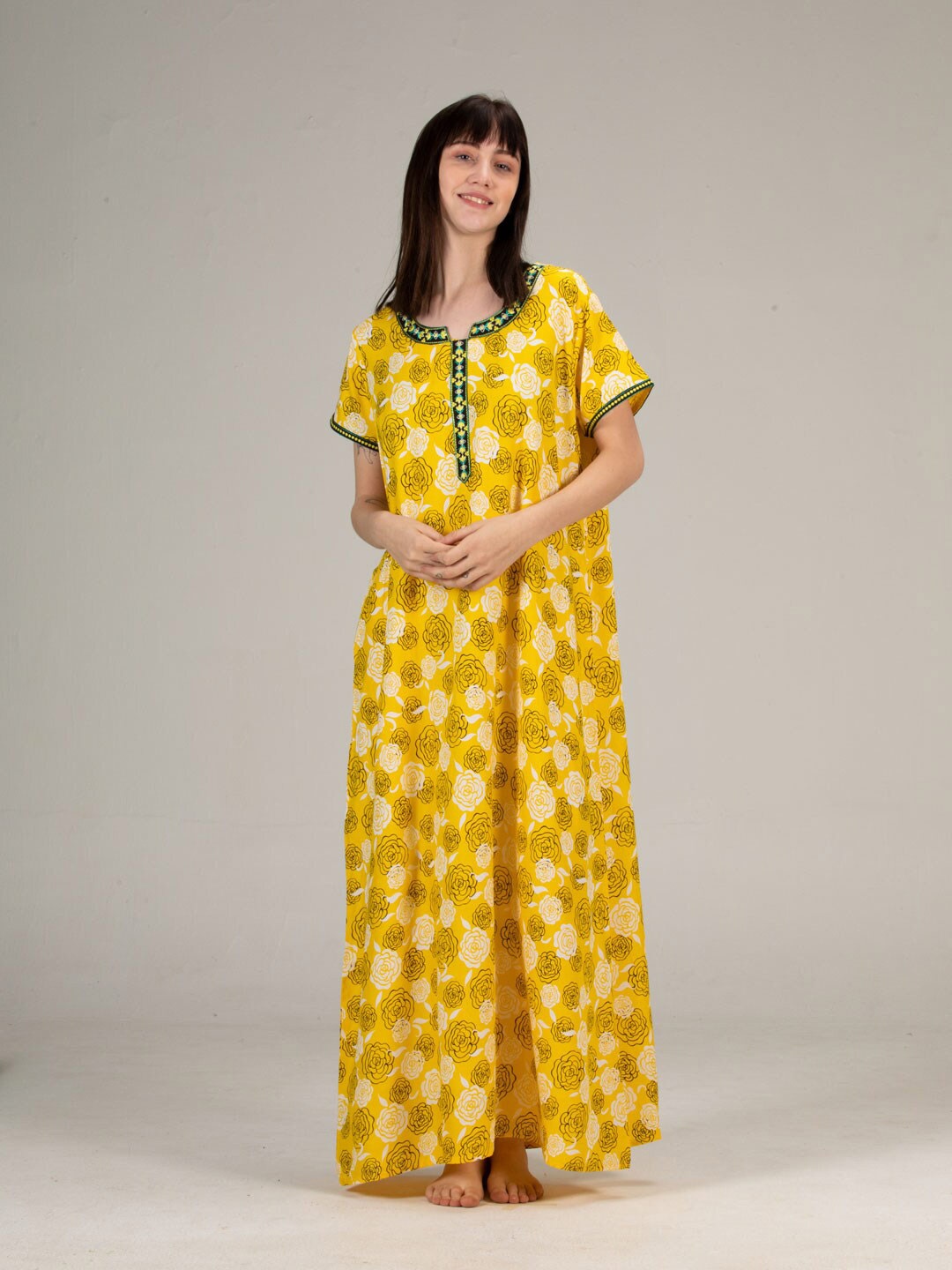 

evolove Yellow Floral Cotton Maxi Nightdress