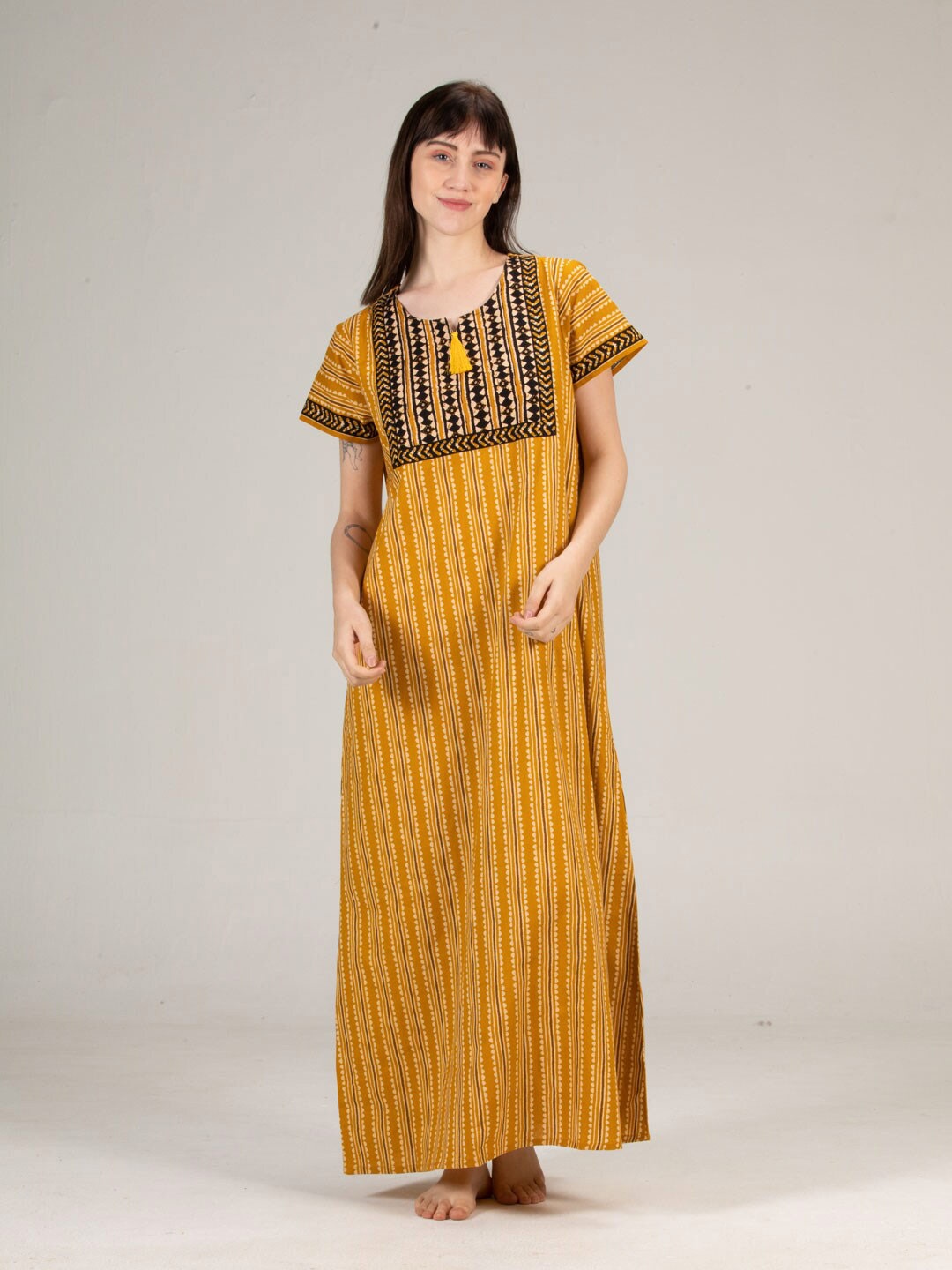 

evolove Mustard Yellow Printed Cotton Maxi Nightdress