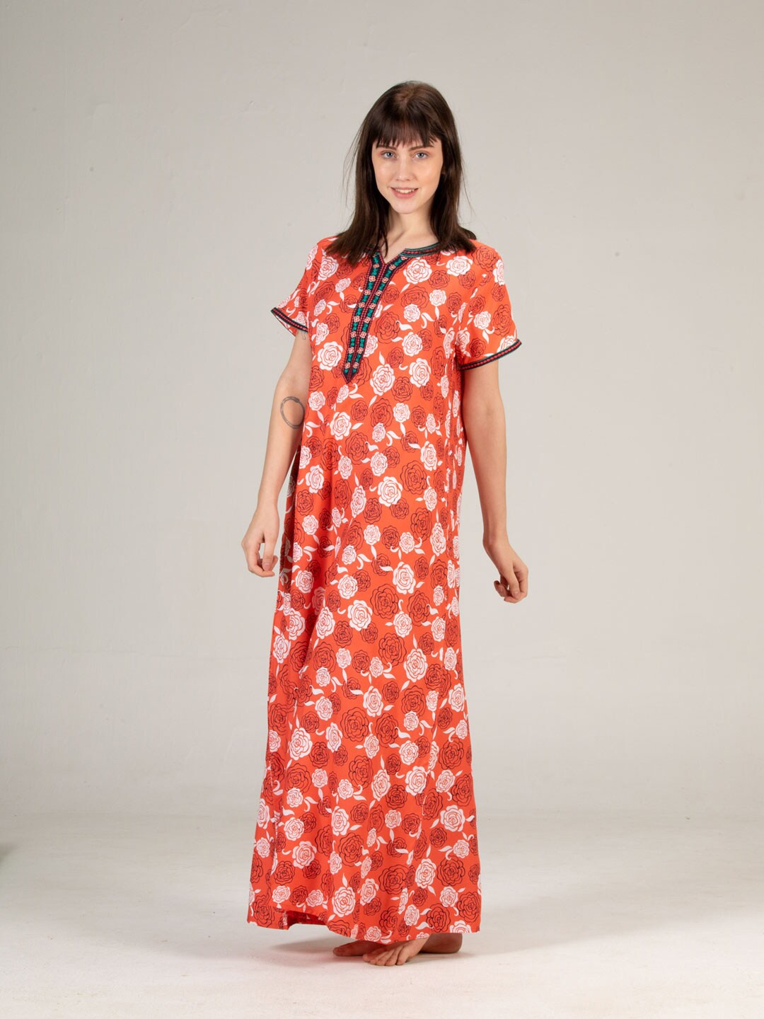 

evolove Peach-Coloured Printed Maxi Nightdress