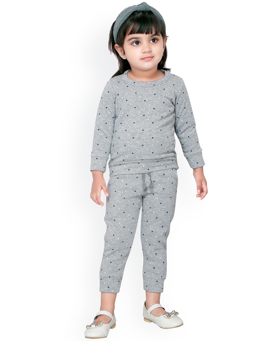 

RIKIDOOS Girls Grey Melange & White Printed Cotton Tracksuit