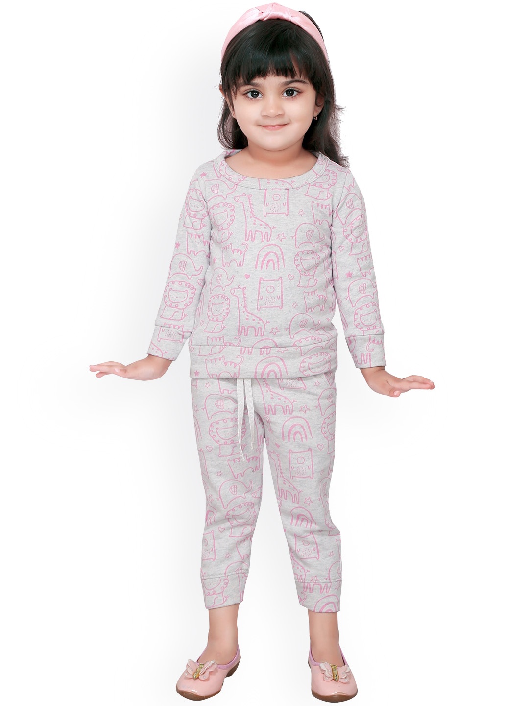 

RIKIDOOS Girls Grey Melange & Pink Printed Cotton Tracksuit