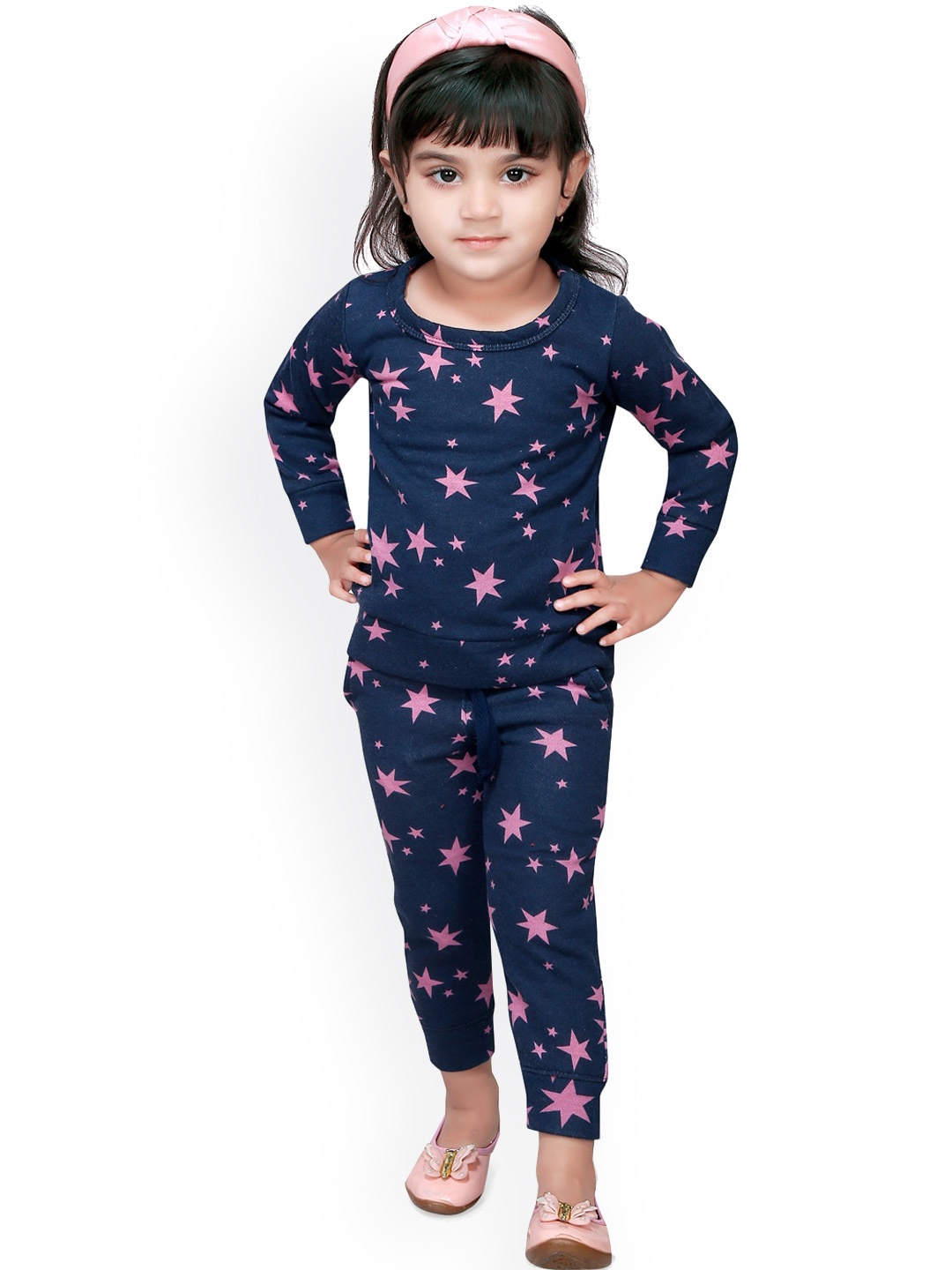 

RIKIDOOS Girls Navy Blue & Pink Printed Cotton Tracksuit