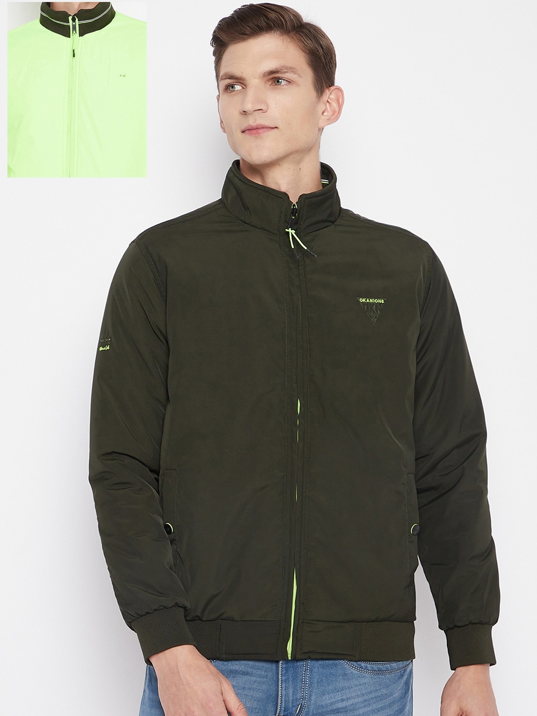

Okane Men Olive Green Reversible Bomber Jacket