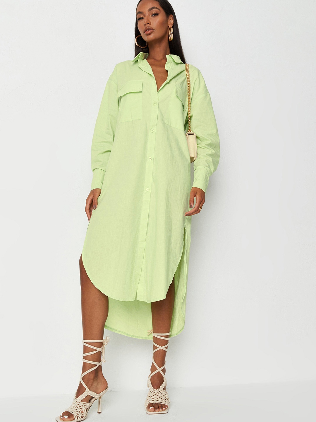 

Missguided Women Lime Green Solid High-Low Shirt Dress