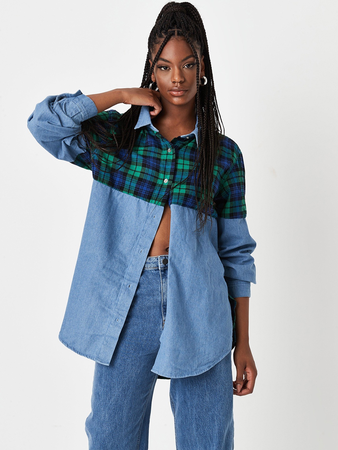 

Missguided Women Blue Checked Colourblocked Casual Shirt