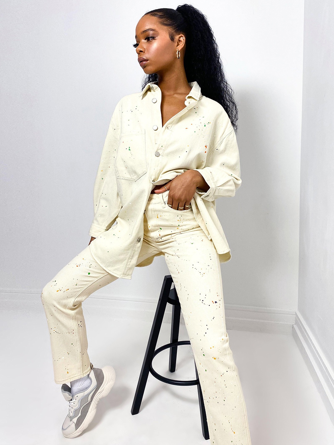 

Missguided Women Off-White & Orange Paint Splatter Print Jeans