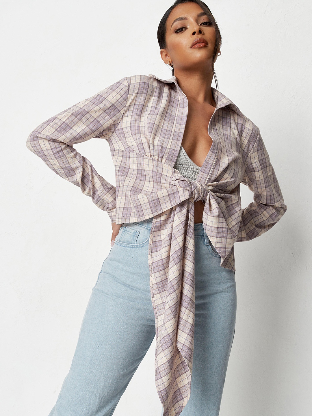 

Missguided Beige & Purple Checked Shirt Style Crop Top