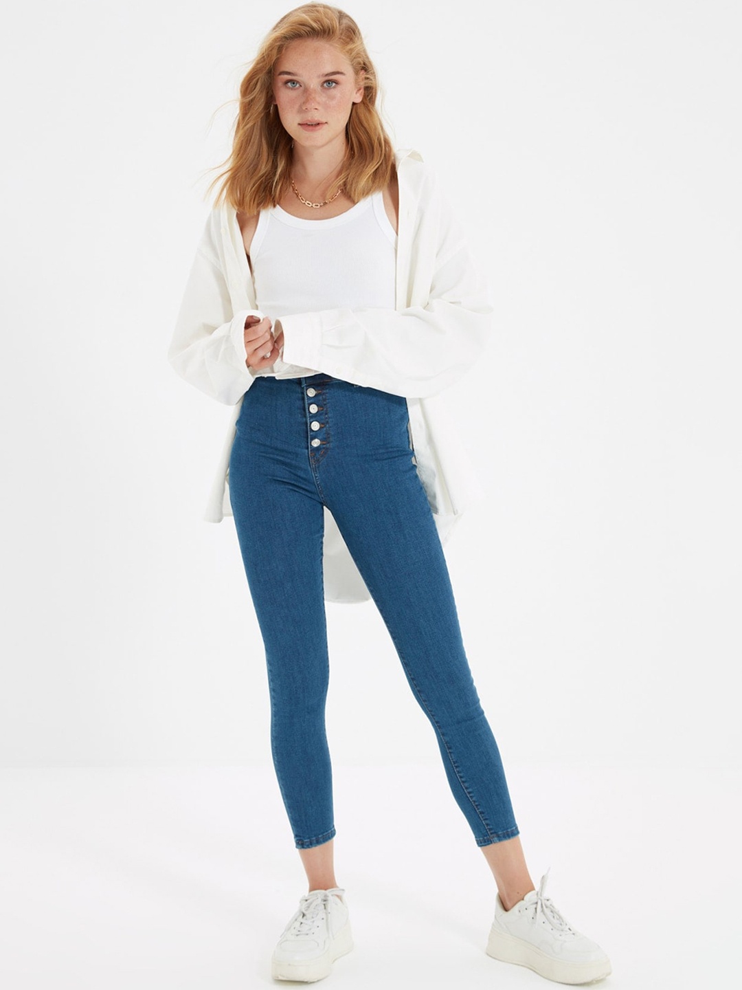 

Trendyol Women Deep Navy Blue High-Rise Skinny Fit Cropped Jeans