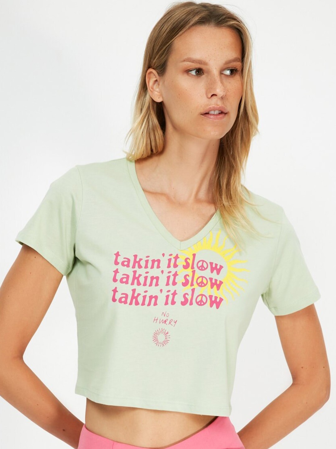 

Trendyol Women Green Typography Tshirt