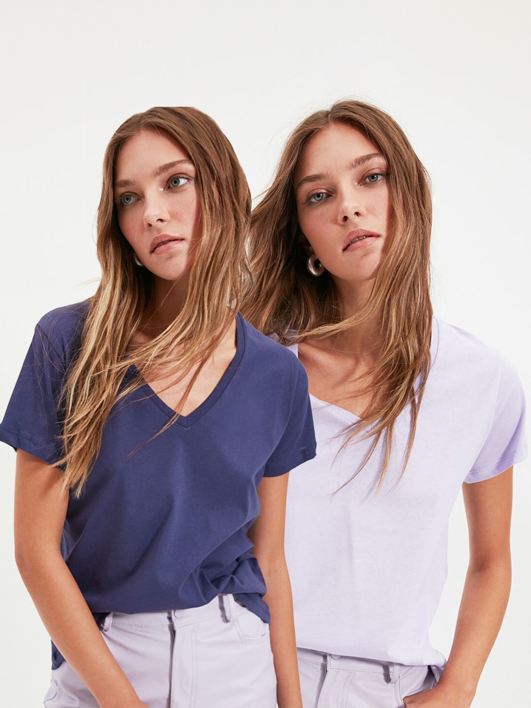 

Trendyol Woman Pack of 2 Navy & purple V-Neck Pure Cotton T-shirt, Navy blue