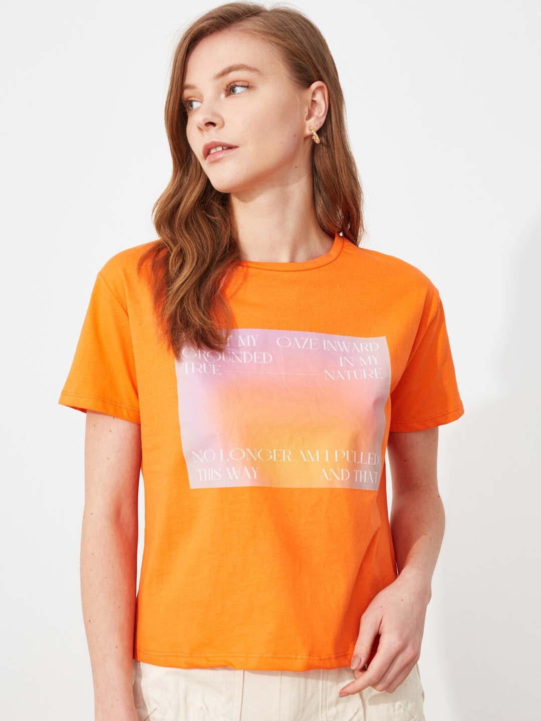 

Trendyol Women Bright Orange Typography Tshirt